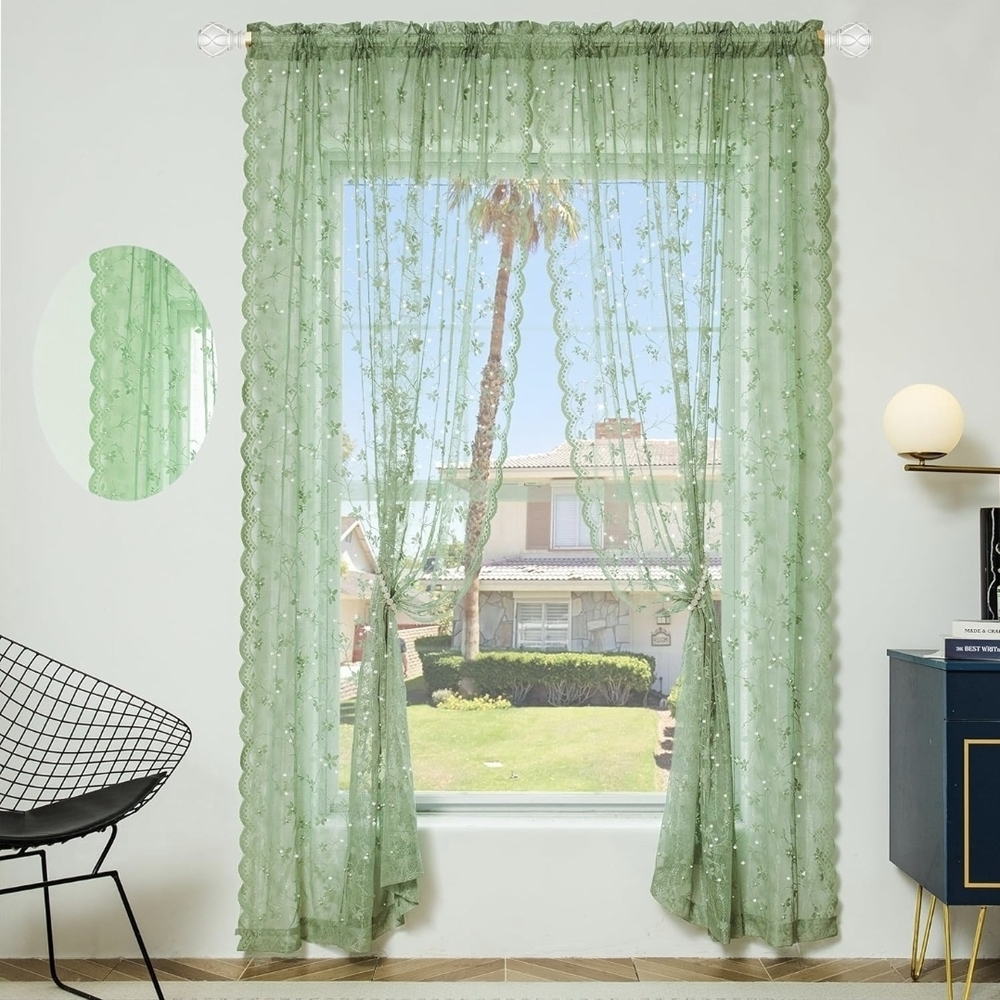 Sage Green Lace Curtains 55" X 84" Set Of 2